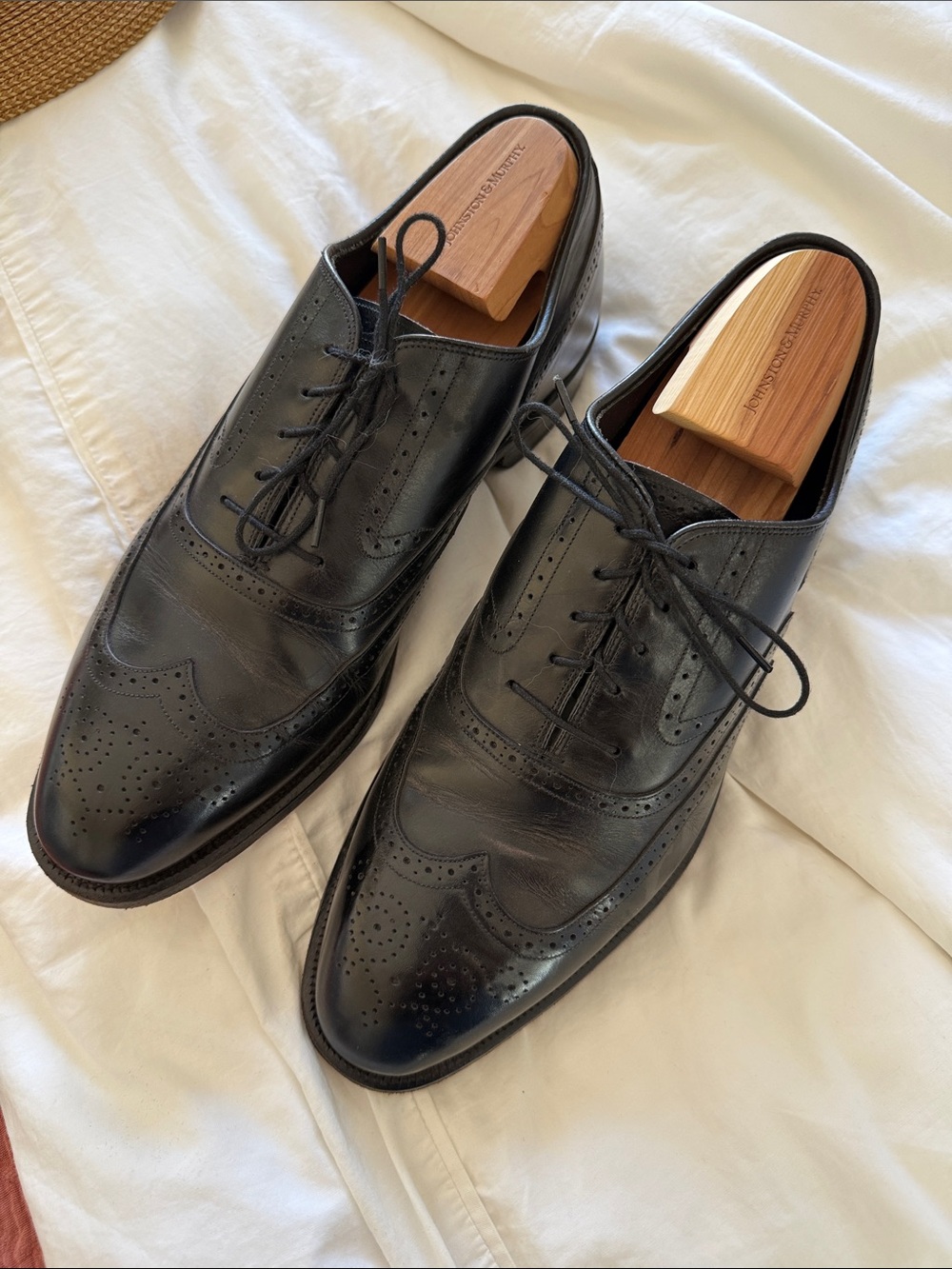 Johnston & Murphy Black Leather Wingtip Oxfords